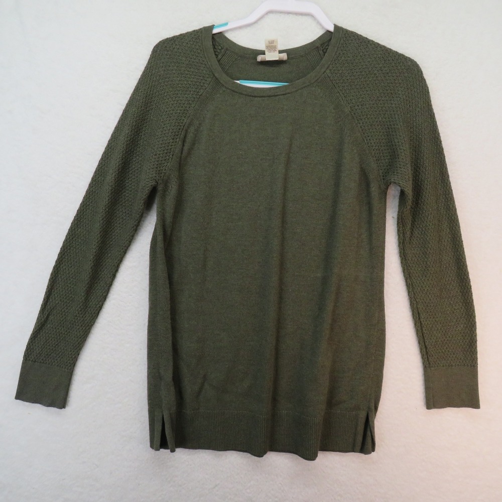 Loft Outlet Womens Olive Green‎ Raglan Textured Sleeve Crewneck Sweater Large
